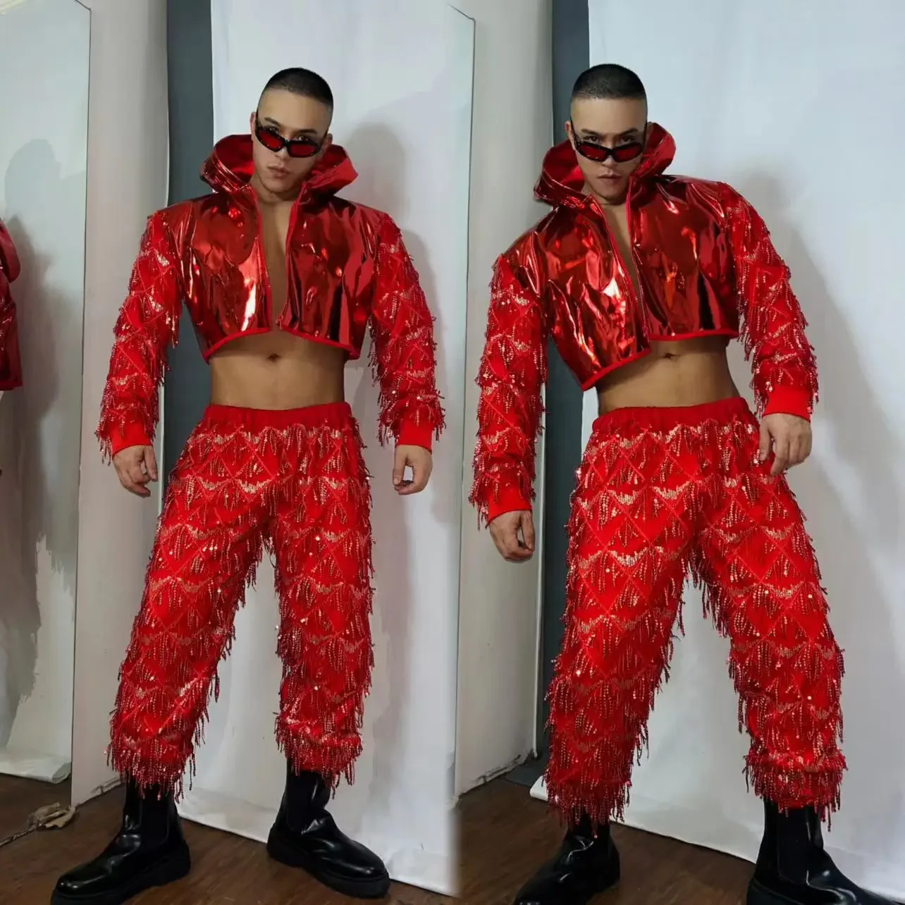 Pailletten Hip Hop Kleidung Nachtclub männliche Tänzerin Bühnen kostüm Silber Jacke Hosen Gogo Tanz kleidung Party Rave Outfit