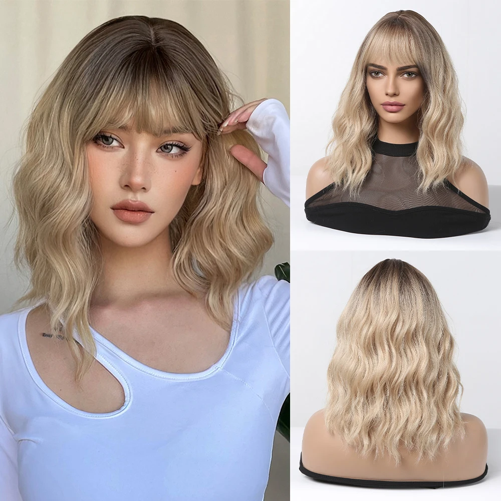 Short Wavy Bob Synthetic Wigs Brown to Blonde Ombre Hair Wigs for Women with Bangs Cosplay Lolita Natural Wig Heat Resistant