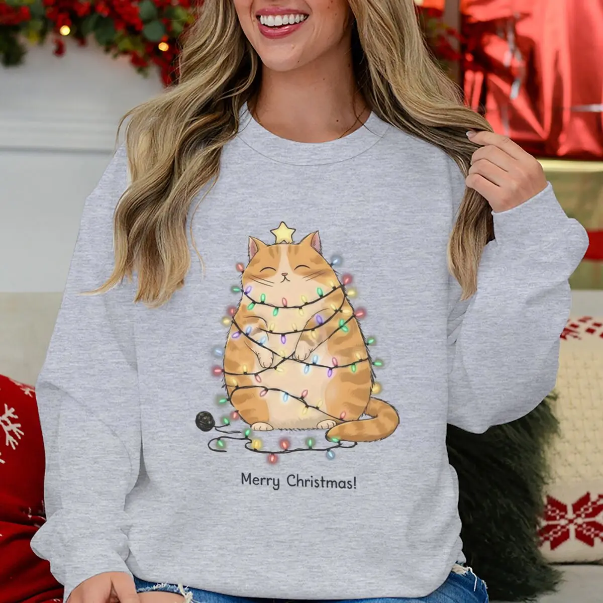 بلوزات نسائية عيد ميلاد سعيد أضواء القط طباعة موضة بلايز عادية القط عاشق هدية عطلة الحيوان Kawaii الكرتون البلوز #5