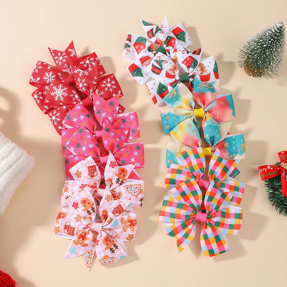 12Pcs Christmas Pinwheel Bow Hair Clips Anti‑slip Grosgrain Ribbon Bows For Toddler Xmas Photoshoot Dress‑up Hair Decoration