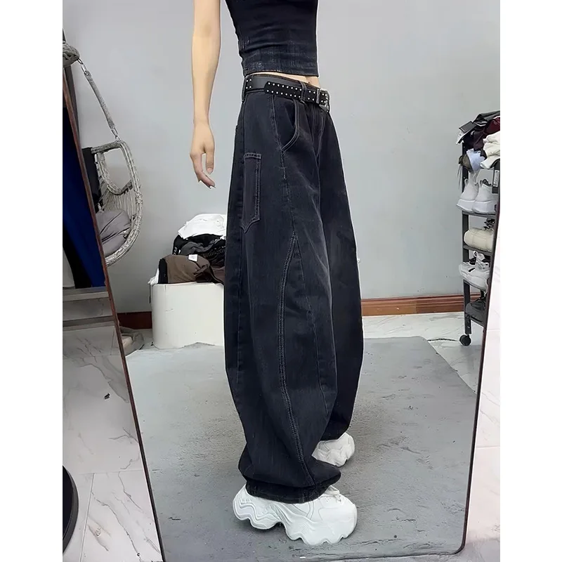 Retro American Design Curved Knife Women Jeans Spring  Spicy High Waist Loose Slimming Casual Drape Wide Leg Pants
