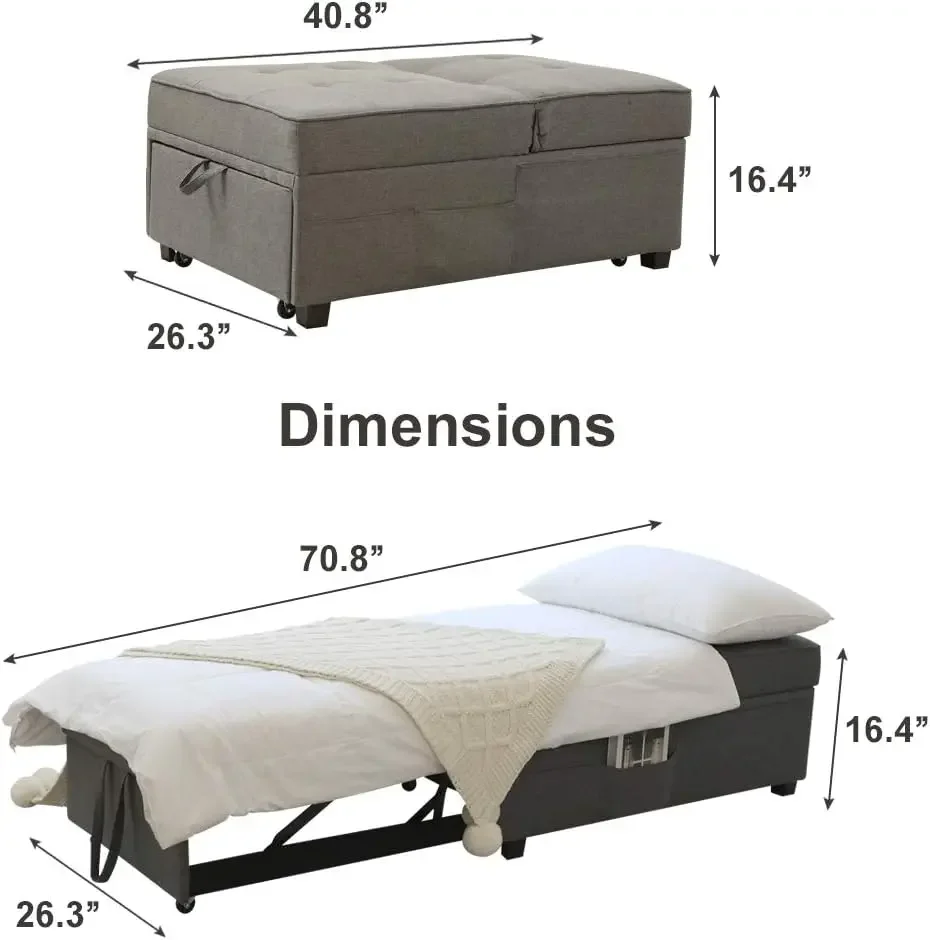 Futon Chair with Lumbar Pillow and 3 Side Pockets, Sofa Bed Chair, Convertible 4 in 1 Ottoman Bed Tufted Fabric Gray