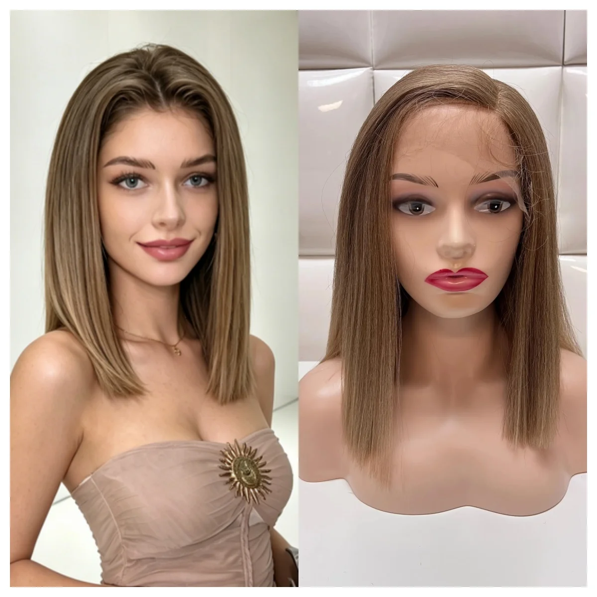 

Highlight Brown Ombre Bob Wig Synthetic Lace Frontal 13x4 HD Straight Short Bob for Women Daily Use