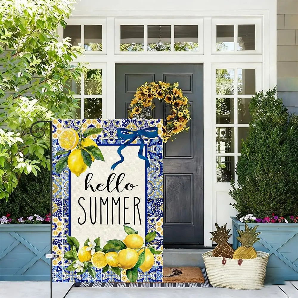 Baccessor Hello Summer Lemon Garden Flag 12.5x18 Inch Double Sided Burlap,Capri Blue Tiles Lemon Welcome Front Yard Flag Hol LLX