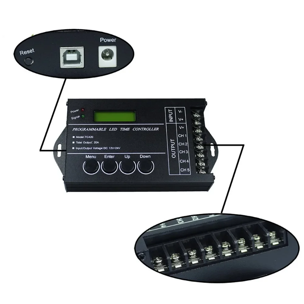 TC420 Time Programmable RGB LED Controller DC12V-24V 5Channel LED Timing Dimmer Total Output 20A Common Anode with USB Wire