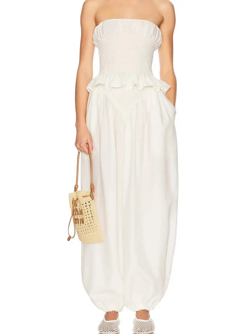 Cotton And Silk Vacation Pleated Ruffle Edge Strapless Pleated Radish Pants Lantern Pants Wide Leg Pants Set Loose