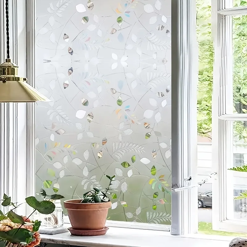 Leaf Pattern Privacy Window Film Roll Frosted Static Cling No Glue UV Block Heat Block for Bathroom Kitchen Door