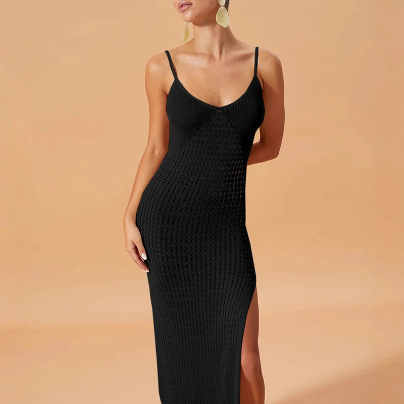 

Fashion Side Slit Slip Dress, Summer Beach Knitted Hollow Out Slim Fit Cover-Up, Sexy Style Long Dress, Perfect for Holiday Wear