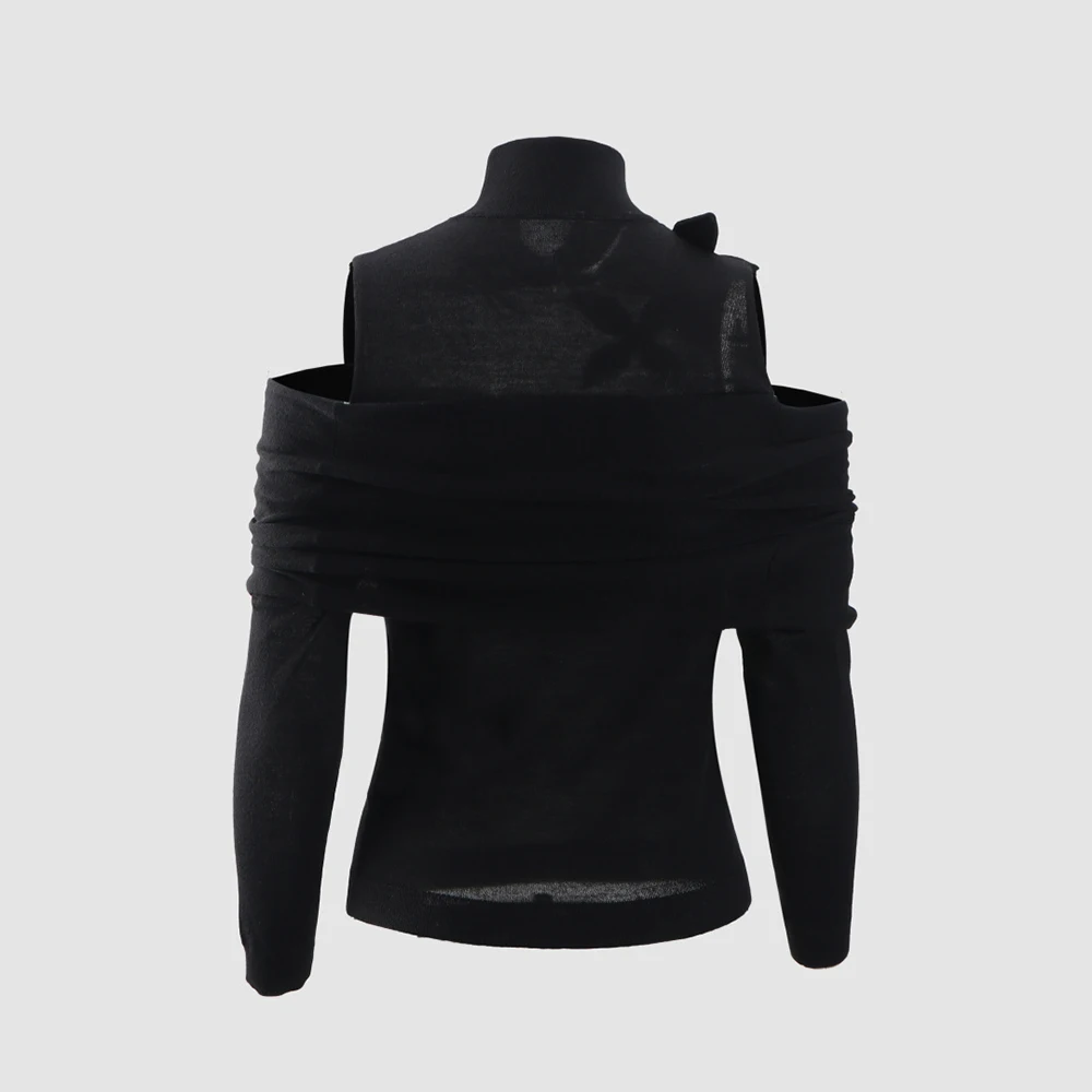 

Handcrafted Floral Fine Wool Women's T-Shirt Off-Shoulder High-Neck Long-Sleeve Knit Top Elegant Commuter Style Spring 2026 New