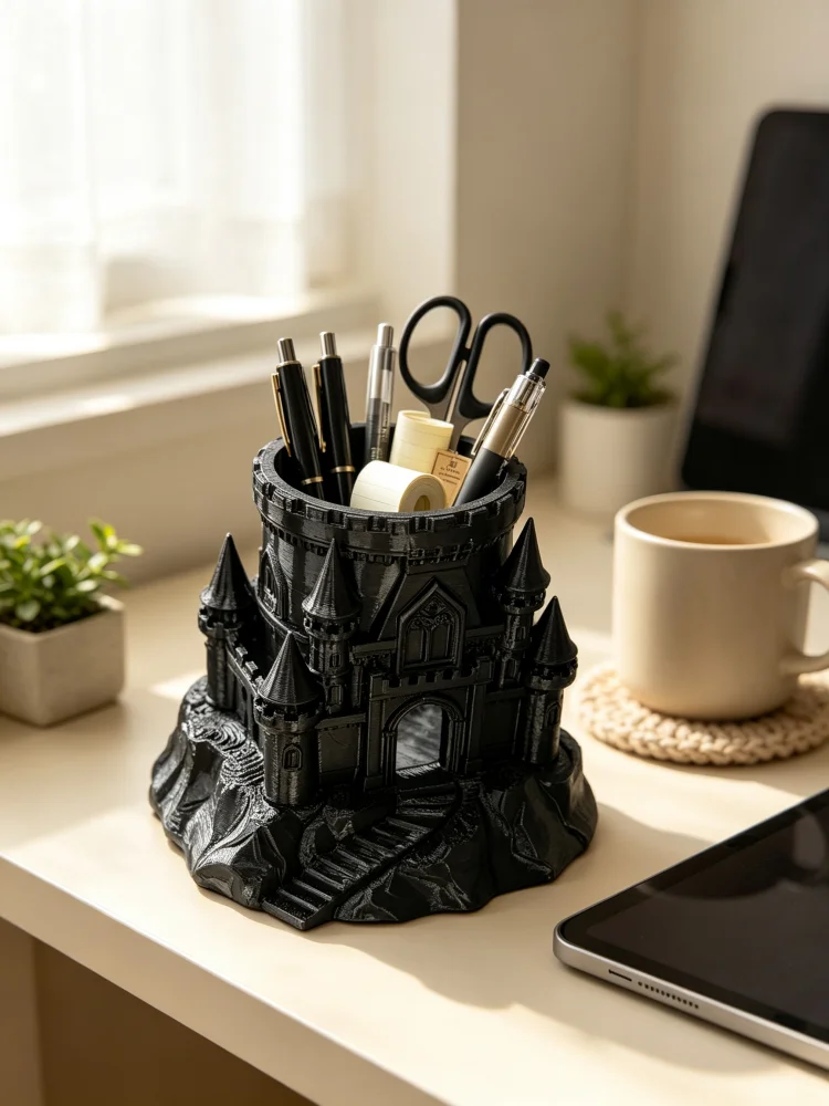 Fantasy Medieval Castle Pen Holder, Black Gothic Mountain Castle Tower Desktop Pen Organizer, Made of Petg Matte Plastic Material, Sturdy and Solid with a Handcrafted Feel, Large Capacity Pen Cup Stationery Organizer, Can Hold Fountain Pens, Pencils, Scissors, Paper Clips, Dark Fantasy Style Castle Sculpture Ornament, Suitable for Home Office, Student Desk, Desktop Storage, Cool Desktop Decoration, Novelty Fantasy Themed Gift, Office Desk Accessory, Desktop Hobby Item