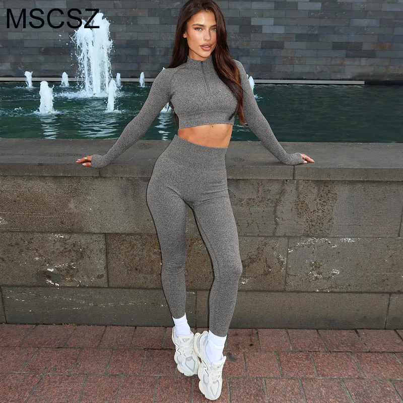 MSCSZ Autumn Sports Sets For Women Fashion Solid 2 Piece Set Woman Gym Yoga Outfits Fitness Jogging Tracksuit