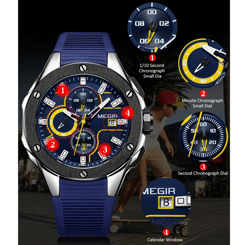 MEGIR Top Brand Men\'s Military Sport Chronograph Watches Waterproof Fashion Blue Silicone Strap Quartz Wristwatch Man Auto Date