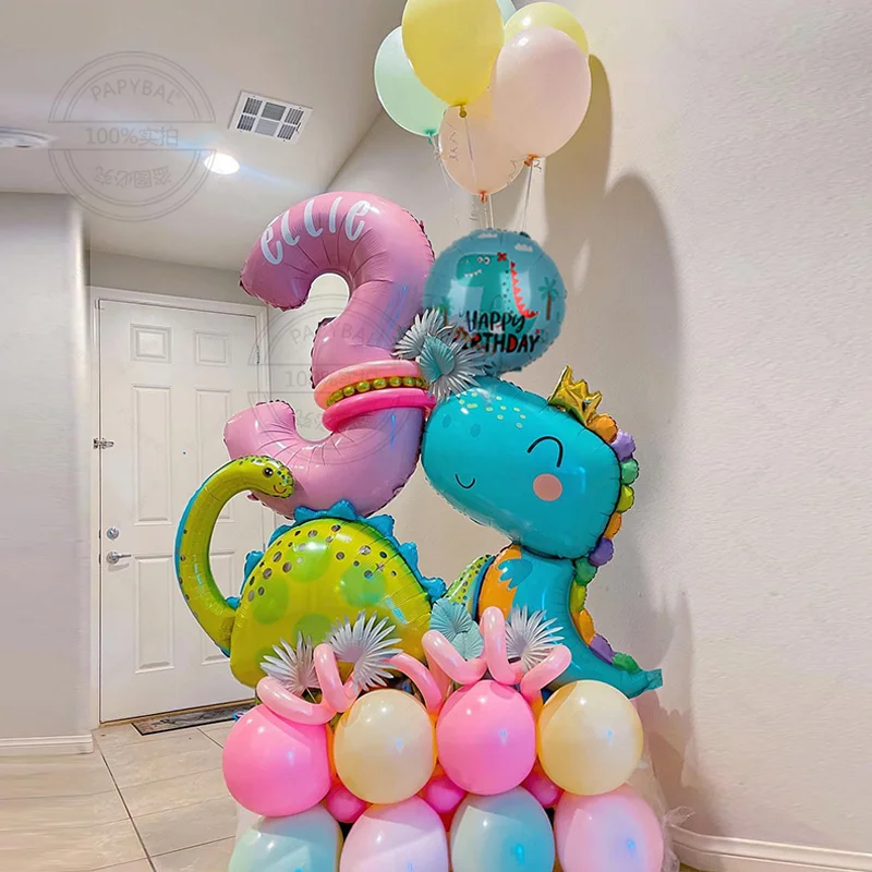 38pcs Cartoon Jungle Dinosaur Party Balloon Set Pink Number Balloons for Kids 1 2 3 4 5 6 7 Year Birthday Party Decorations