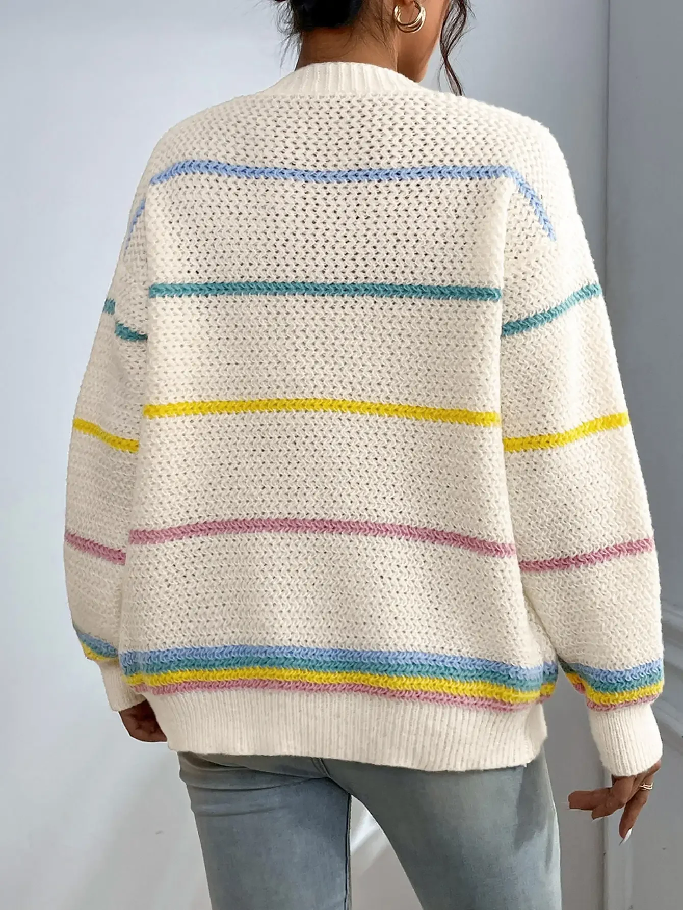 Womens Open Front Knit Cardigan Mediterranean Vacation Resort Chic Aesthetic Long Sleeve Textured Sweater Cream Ivory Rainbow Pastel Striped Side Patch Pockets Ribbed Trim Drop Shoulder Slouchy Relaxed Cut For Spring Summer Holiday Outfits Christmas Gift