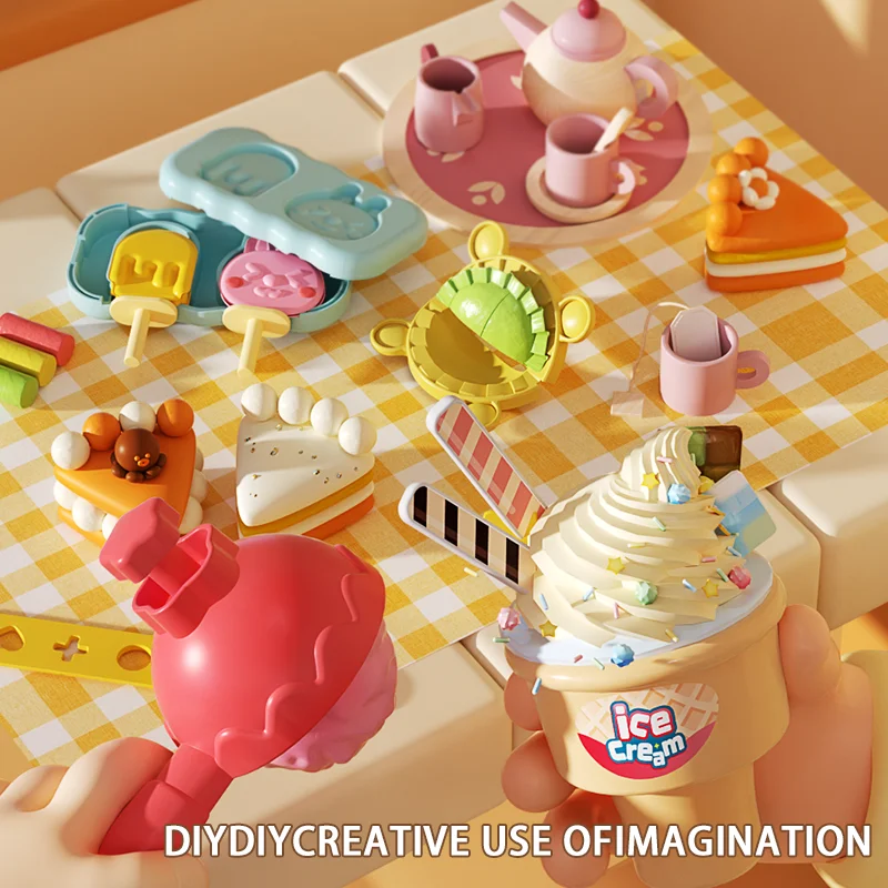 YIMI Kids Pretend Play Ice Cream Maker Pretend Play Kitchen Food Accessories Plasticine Toy Clay Ice Cream Shop Toys