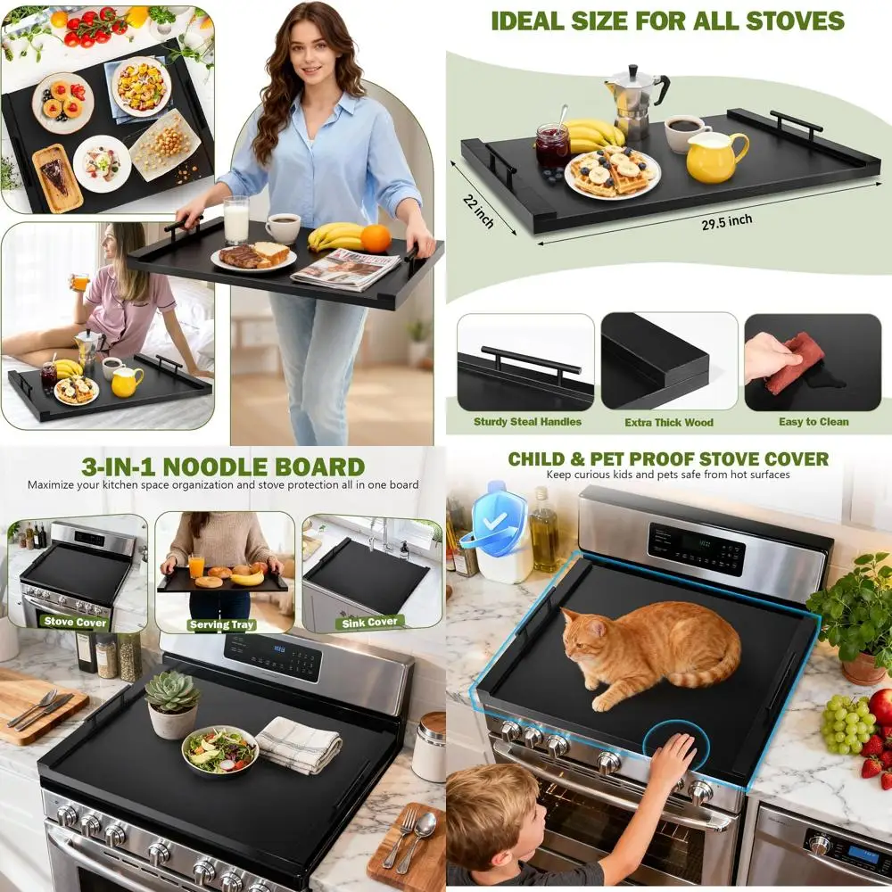

Thick Wooden Stove Cover with Handles, Ideal for Electric/Gas Stoves, Kitchen Sink Cover and Decorative Tray (Black)