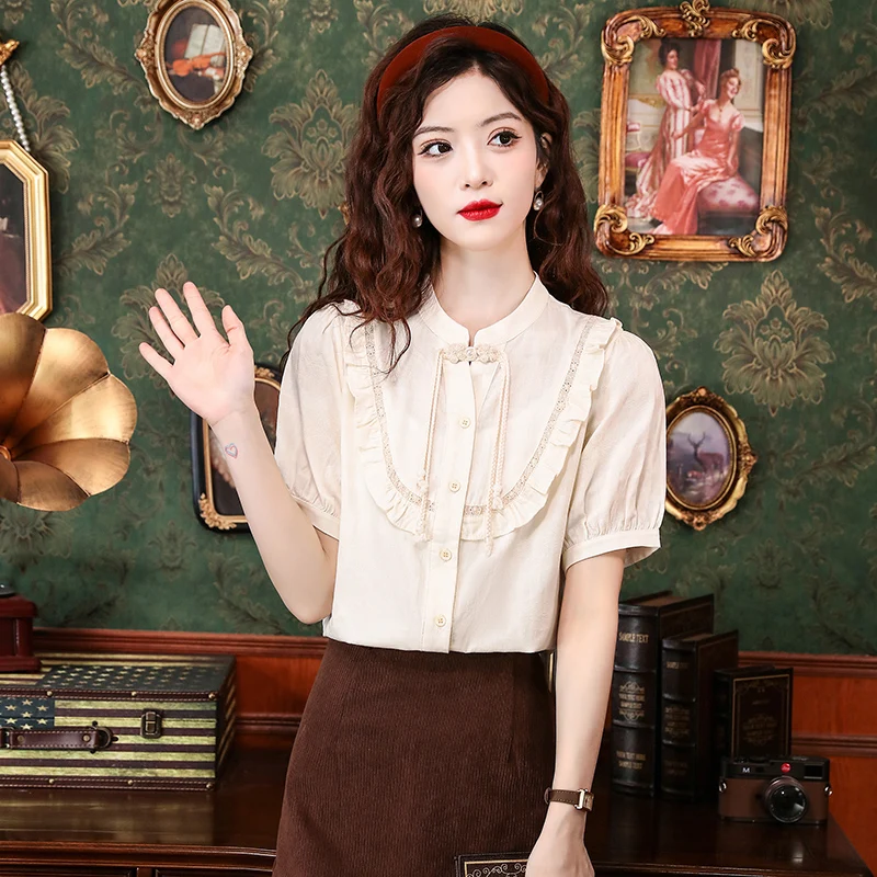 

New Chinese Style Short Sleeves Shirt Women's Summer New Temperament Ruffled Edge Stand Collar Cardigan Fashion Versatile Top