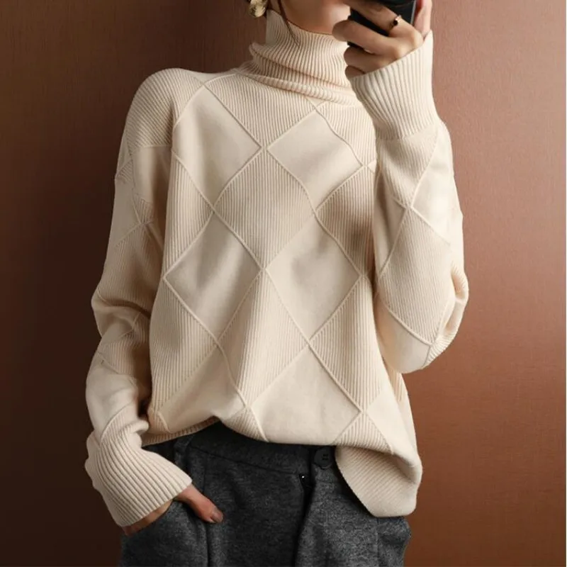 

Cashmere sweater women turtleneck sweater pure color knitted turtleneck pullover 100% pure wool loose large size sweater women