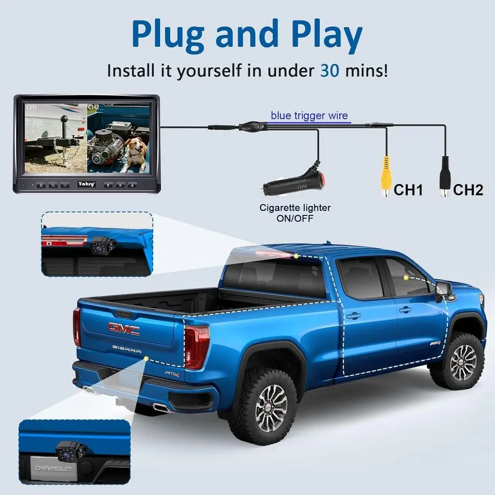 Câmera dupla de backup RV para caminhão - Câmera reversa de tela dividida HD de 7 polegadas para caminhões, fácil instalação, visão noturna IR, IP69 Waterpro