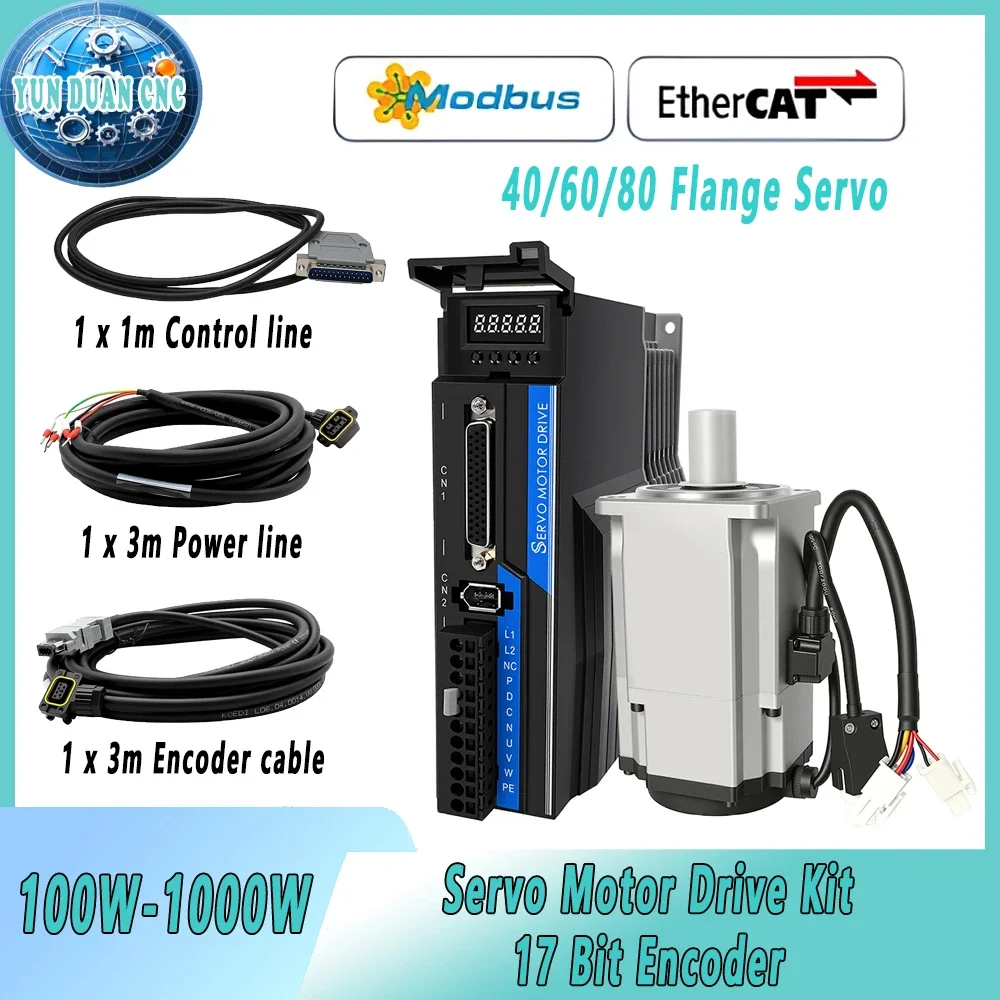 100W-1KW Servo Motor Pulse Ethernet 17 Bit Absolute Encoder 40/60/80 Flange with Brake and Battery Box Servo Motor Driver Set