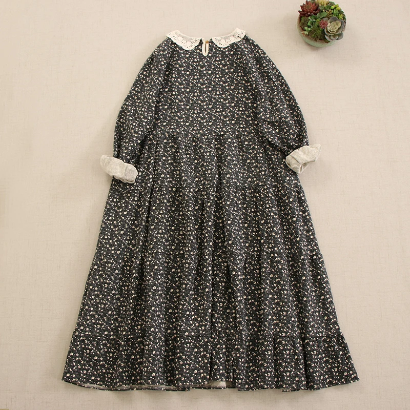 Autumn New Japanese Mori Girl Vintage Floral Print Cotton Dress Women Embroidery Peter Pan Collar Long Sleeve Loose Midi Dresses