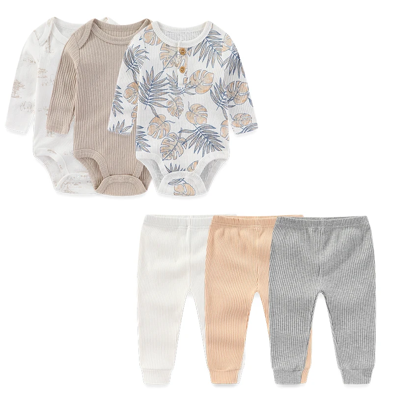 مجموعة ملابس يومية للأطفال مكونة من 6 قطع من ملابس الأطفال حديثي الولادة من القطن الناعم + سراويل تناسب ملابس الرضع بأكمام طويلة