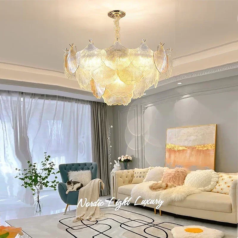 Glass Shell Ceiling Chandeliers New Modern LED Dimmable Light Artistic Round Hanging Lamps Suspension for Bedroom Decoration