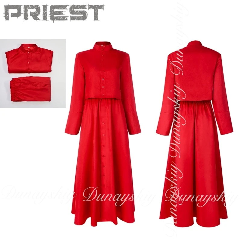 할로윈 여성 무대 코스프레 의상, 스커트 셔츠 포함 사제 코스프레 빨간색 목사 의상 세트
