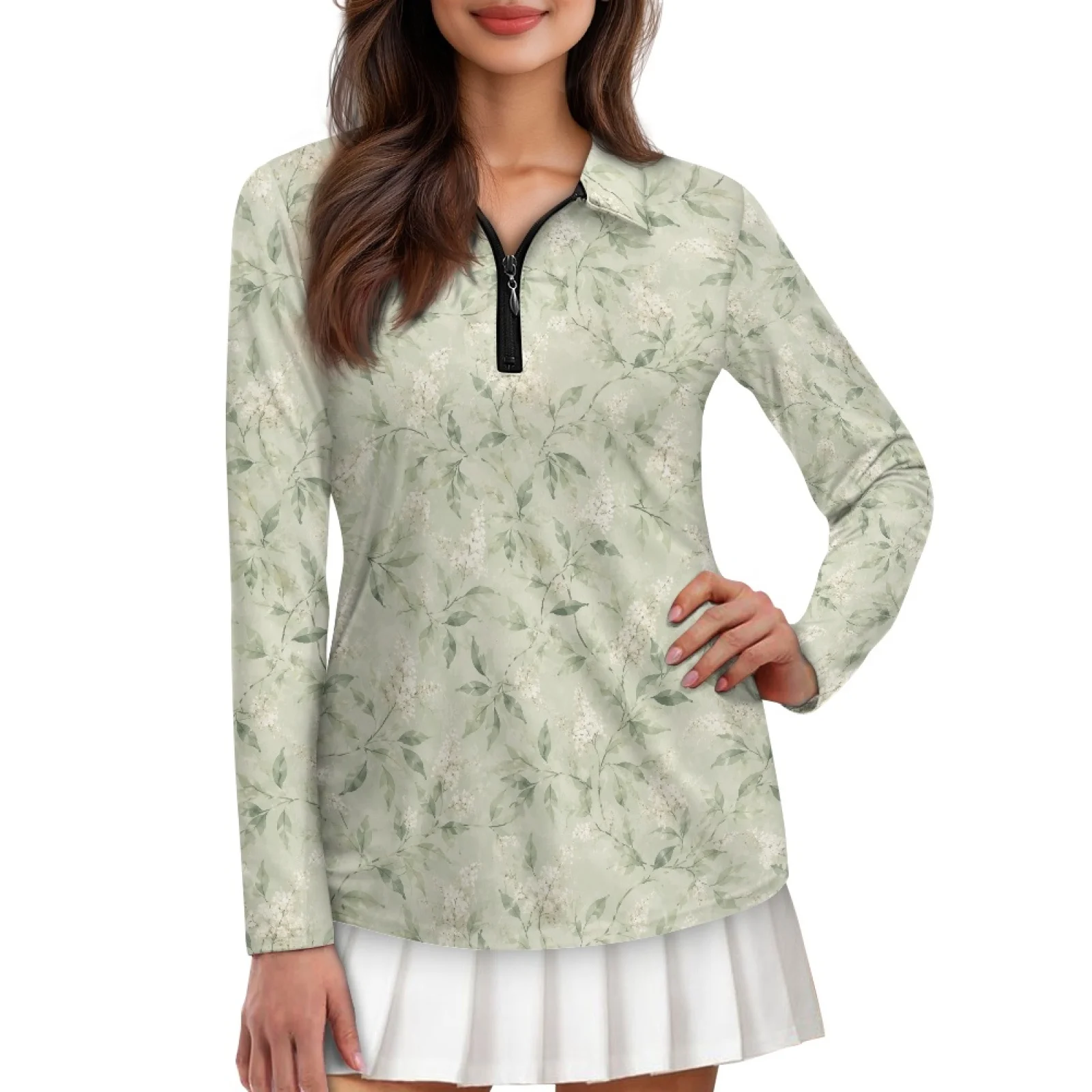 PENSTROLL Green Floral Leaf Womens Stretchy Athletic Tennis Shirts Plus Size Golf Shirts for Jogging