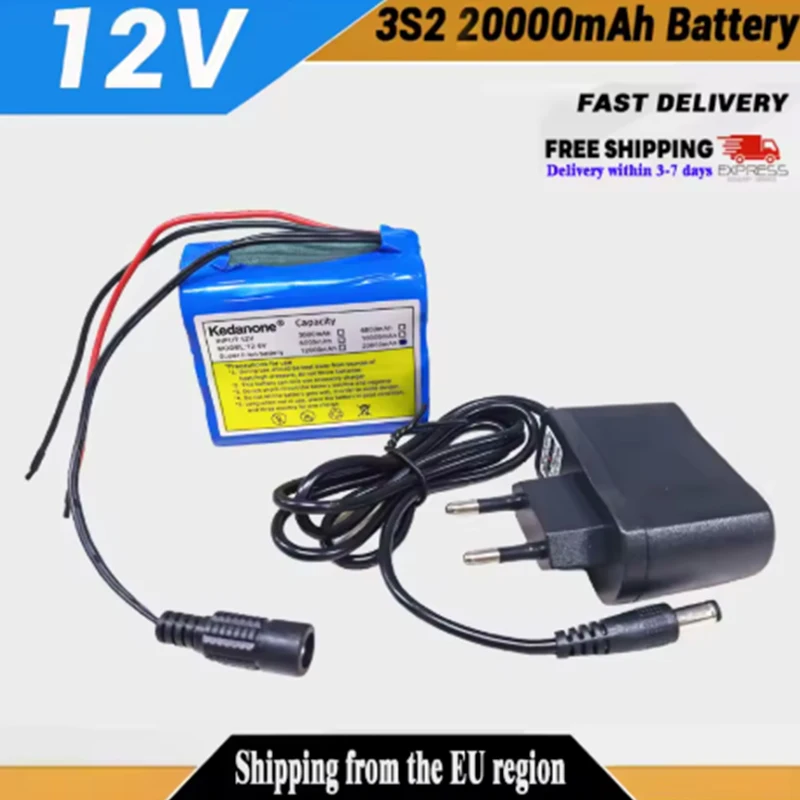 Hochkapazitäts-3S2P-12V-20000mAh-Akku, wiederaufladbar, 18650-Lithium-Ionen-Akkupack, ausgestattet mit BMS-Schutzplatine + 12V-Ladegerät
