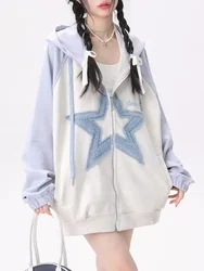 ADAgirl Star Pattern Zip Up Hoodies Women Oversized Streetwear Patchwork Sweatshirts Cutecore Fashion Aesthetic Kawaii Clothes