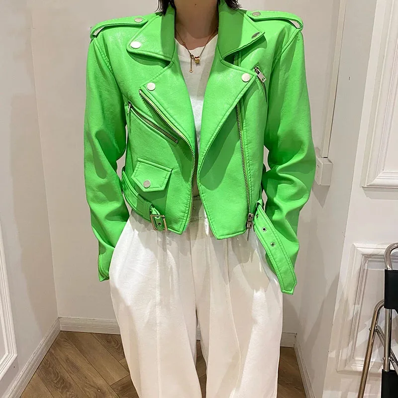 Spring Short Green Gecko Biker Leather Jacket Long Sleeve Zipper Belt Colored Stylish Outerwear for Women Fashion Crop Tops