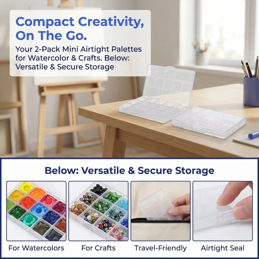 2PCS 15 Grids Paint Box Transparent Portable Watercolor Palette Plastic Craft Storage Tray Outdoor Plein Air Painting