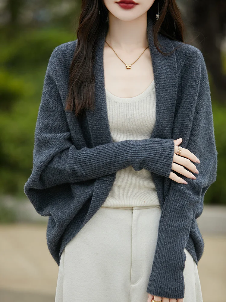 Pull châle en laine mérinos pour femme, cardigan à manches chauve-souris, cachemire Grace, tricot doux, automne, hiver, 100%