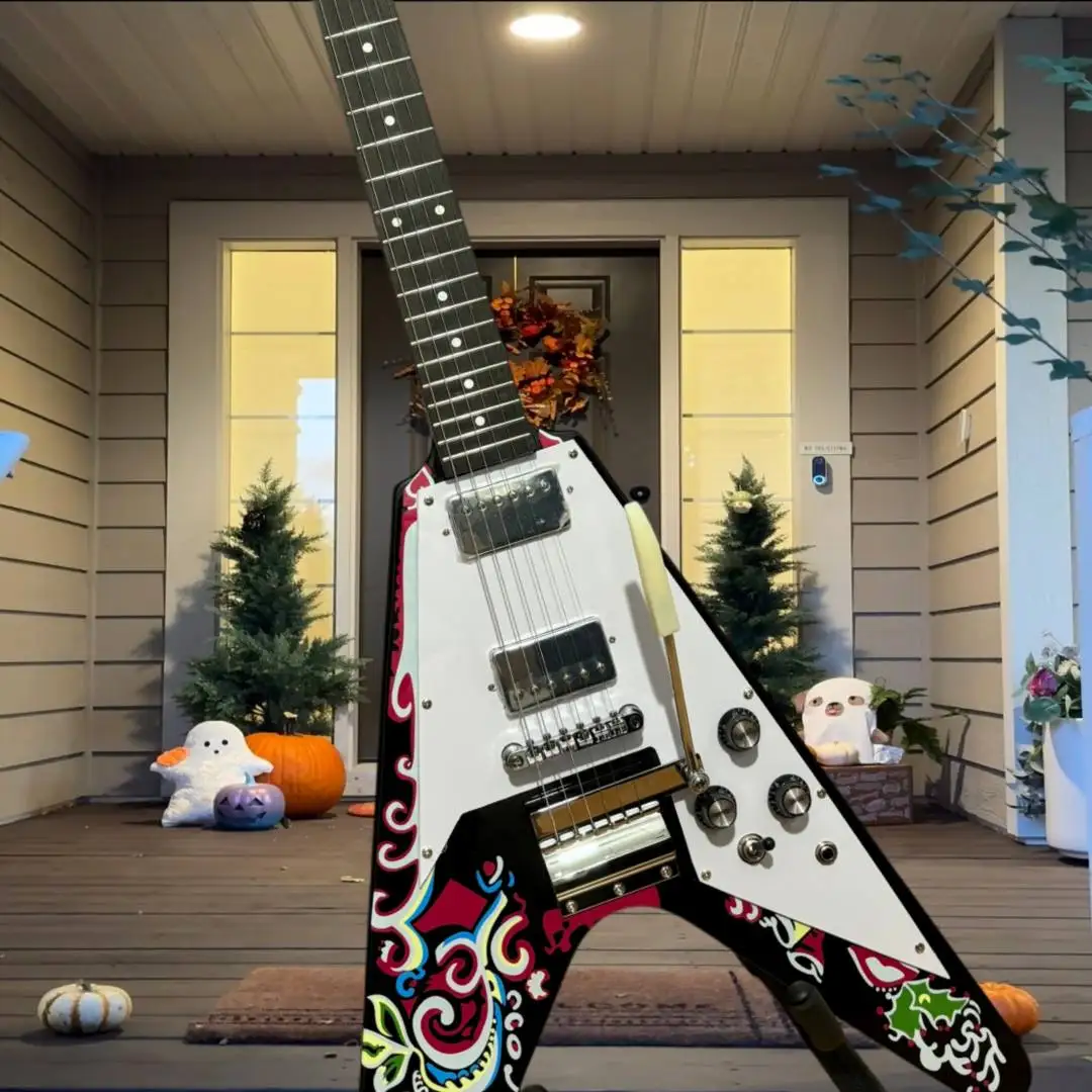 Jimi Hendrix Love Drops Flying VO Electric Guitar Dual HB Fixed Bridge Psychedelic Hand Painted White Black Rock Blues Collector