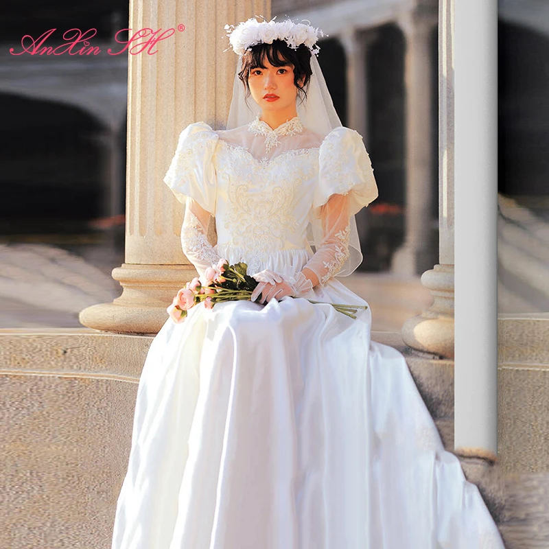 AnXin SH classic princess white satin flower lace o neck crystal long sleeve big bow lace up party customized wedding dress