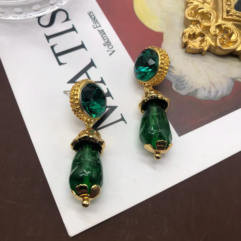 Vintage Grandmother Green Water Drop Glass Pendant Gold Plated Temperament Earrings