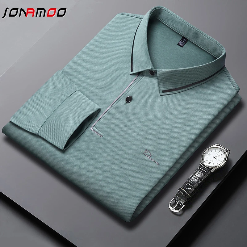 New Men's Business Casual Long Sleeved Shirt with Badge Solid Color Polo Shirt Fashionable Breathable Comfortable Versatile Top