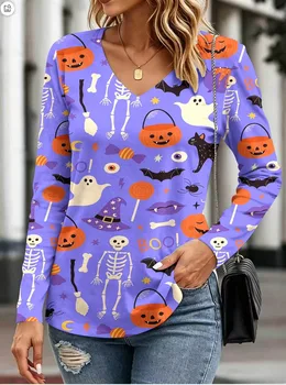 Halloween Women's T-Shirt Pumpkin Print Autumn Long Sleeve T-Shirt Casual V-Neck Tops Outdoor Comfortable holiday Woman Clothing