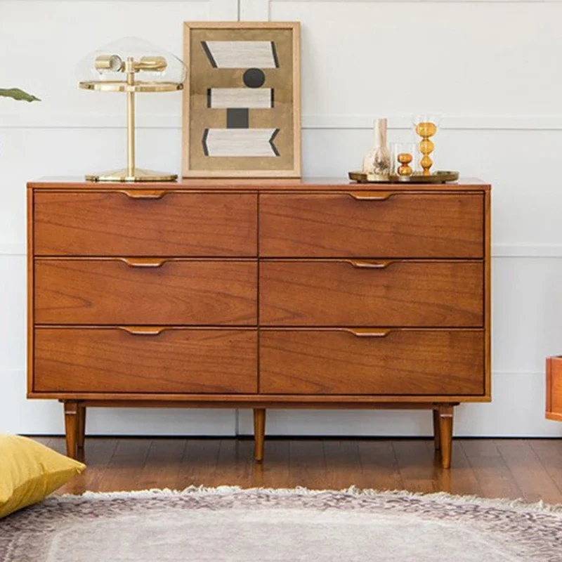 

All solid wood dining side cabinet, retro simple cherry wood 6 chest cabinet medieval teak color locker oak furniture