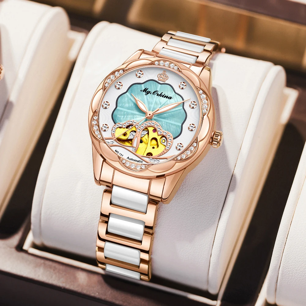 ORKINA Women's Automatic Watch Mechanical Skeleton Luxury Mother of Pearl Diamond Dial Analog Ladies Wristwatch Ceramic Bracelet
