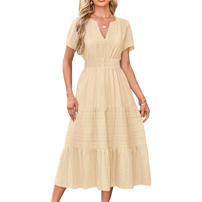 ASDS - Damskie Letnie Sukienki Midi Maxi Casual Lekkie Krótkie Rękawy Dekolt V Elastyczna Talia Sukienka Boho Plażowa Kieszenie