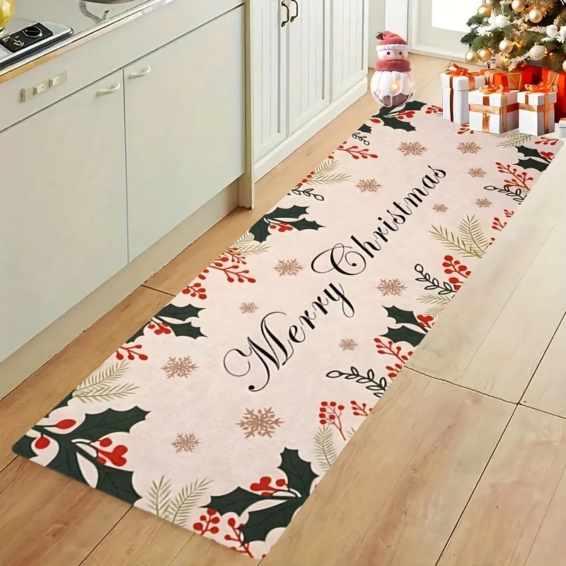 Printed Decorative Christmas Long Runner Rug Retro Holly Berry Floral Border Print Carpet Indoor Floor Rug for Home Decor