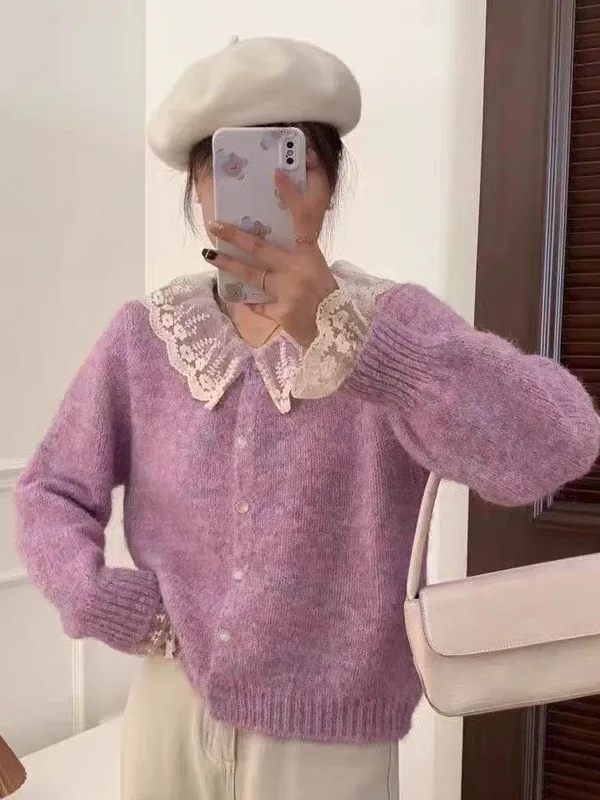 Pull tricoté jaune avec bordure en dentelle pour femme, manteau ample, amincissant, doux et chaud, Cardigan ouvert, automne hiver