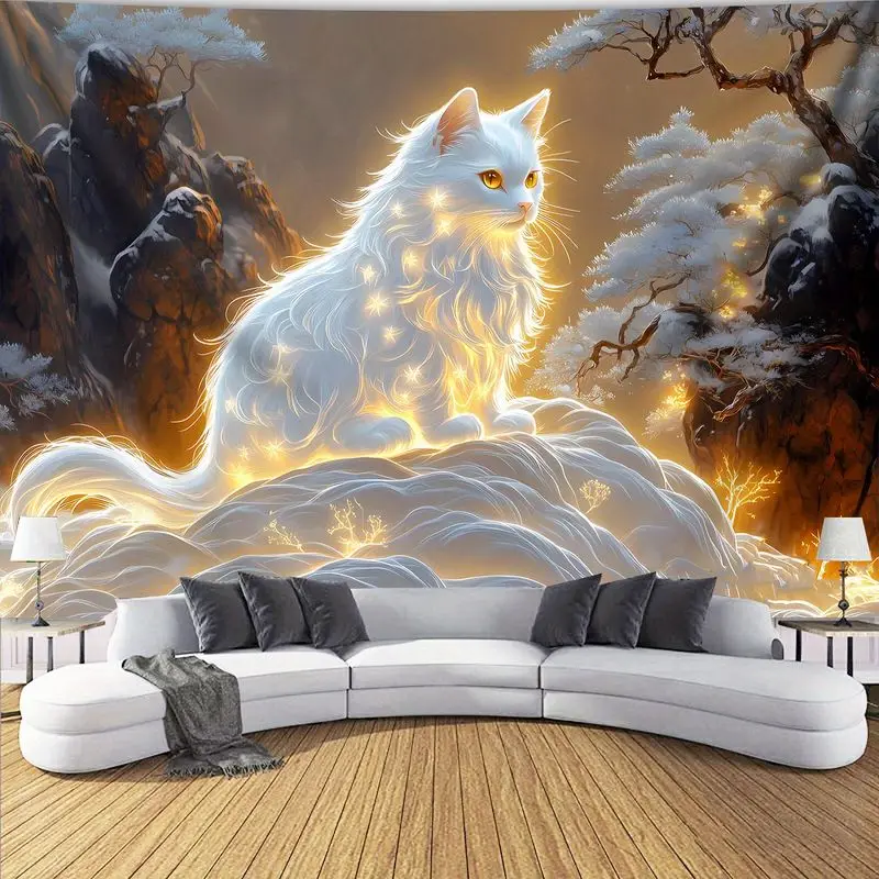 VIKAMA Oriental Tapestry Glowing White Cat Spirit Mountain Pine Golden Mist Fantasy Soft Mystical Lunar Zen Home Decor