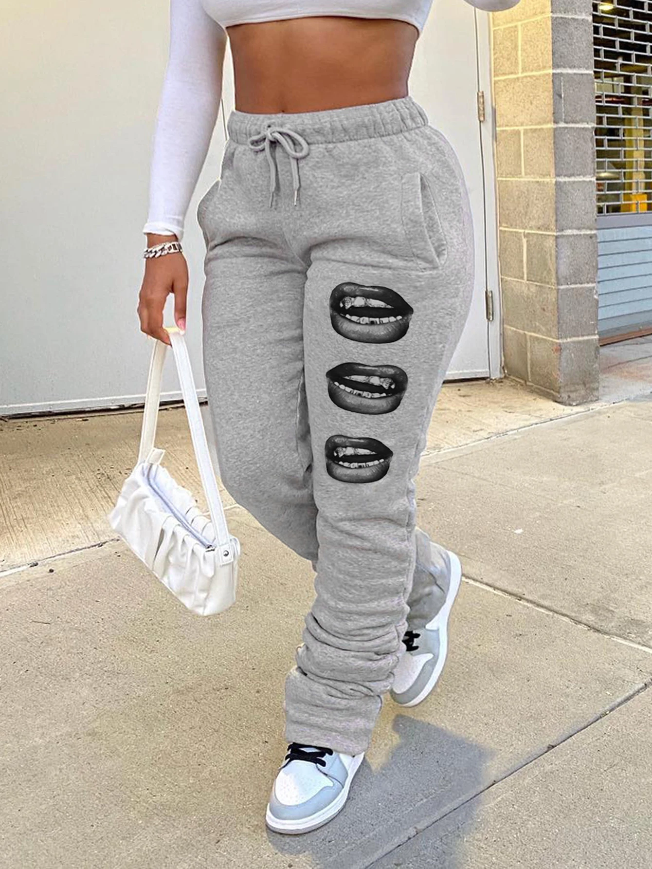 

LW Plus Size trousers pants Lip Print Drawstring Stacked Sweatpants Outdoors Womens jogging Pants Sweatpants Sport Trousers