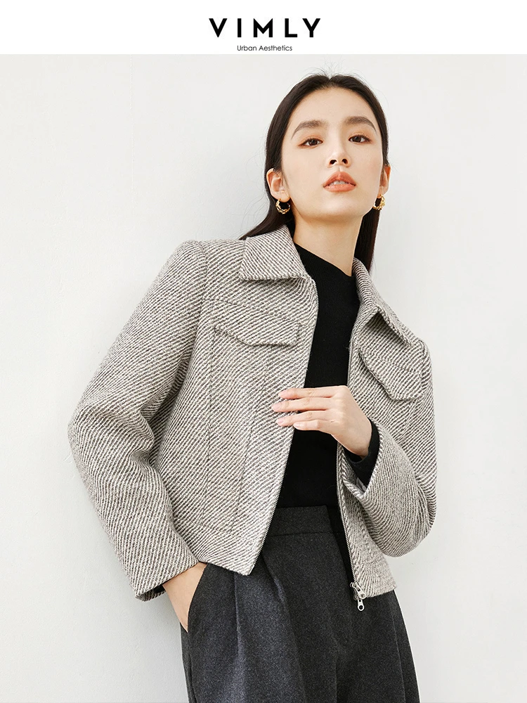 Vimly Lapel Zip Up Quilted Woolen Coat Women 2023 Winter Warm Cropped Padded Wool Coats Female Elegant Jackets Overcoats M5156