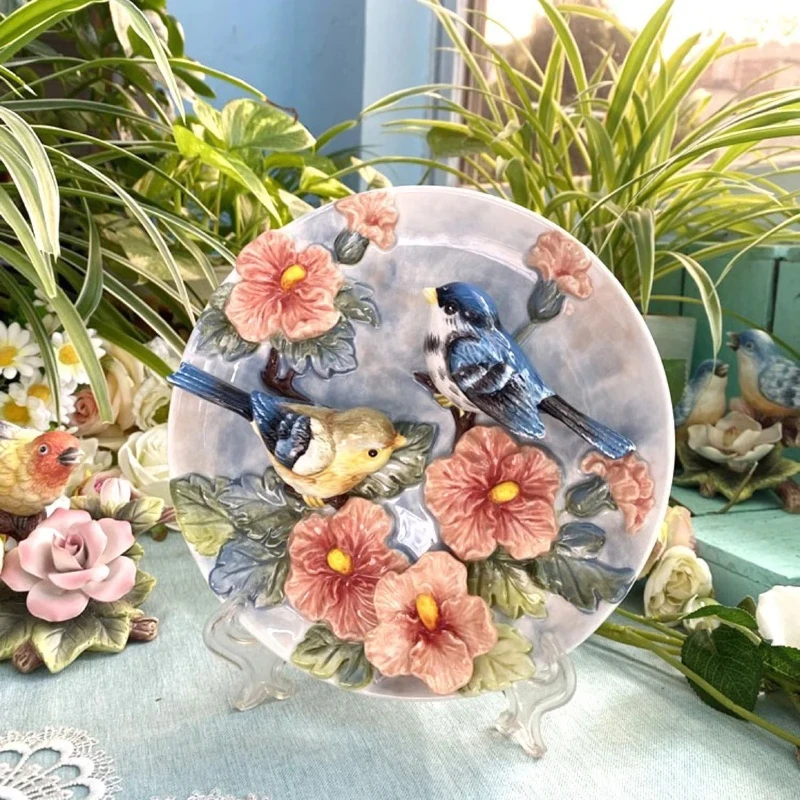 

3D Hibiscus Bird Decorative Wall Plate Porcelain Home Decoration Plate Room Crafts Accessories Figurine Bird Decor Accent Plate