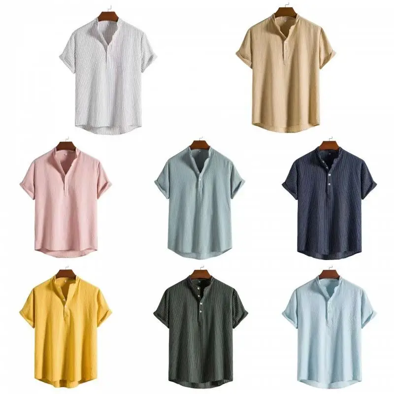 Men's Standing Collar Striped Short Swedish Shirt Series Casual Daily Wear Resistant to Deformation Sleeve Length: Short