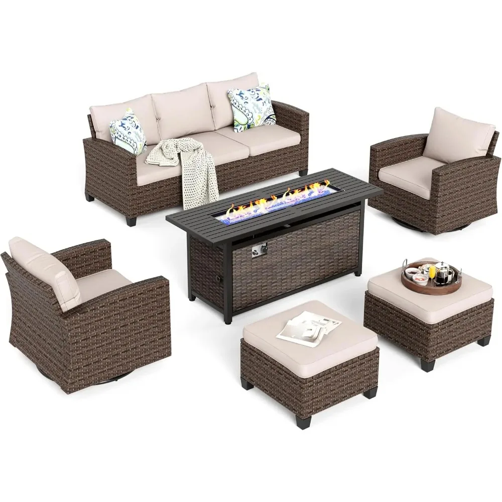 Outdoor Patio Furniture Set with Swivel Glide Rocker Chairs, Wicker Patio Sofa Conversation Set with 56